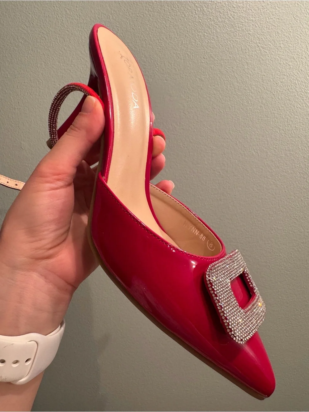 TOP Moda Red Patent Pointed-Toe Ankle-Strap Pumps with Rhinestone Buckles